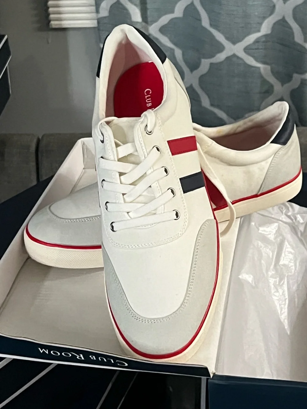 Club Room Men’s White Sneakers with Red and Black Stripes